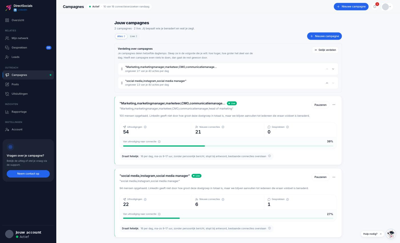 DirectLink-scherm met actieve LinkedIn-campagnes